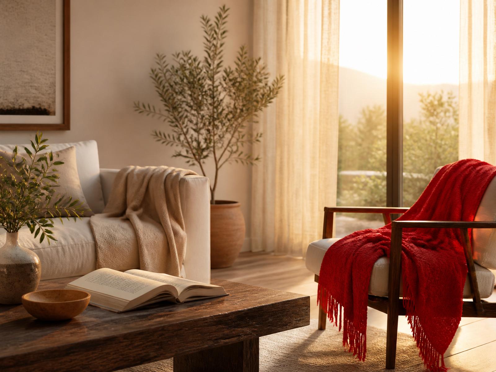 A quiet lamplit living room at dusk, a soft place to land at the end of a hard day.